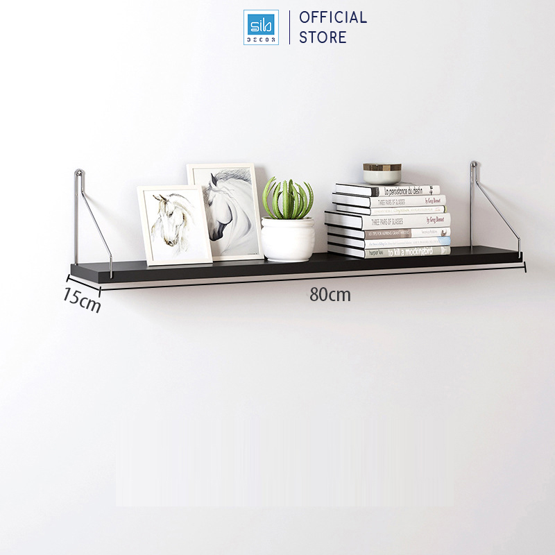 Kệ Gỗ Trang Trí Treo Tường Không Cần Khoan Với Móc Treo Inox Và Đầy Đủ Phụ Kiện Kt02 - Đen - 80X15Cm