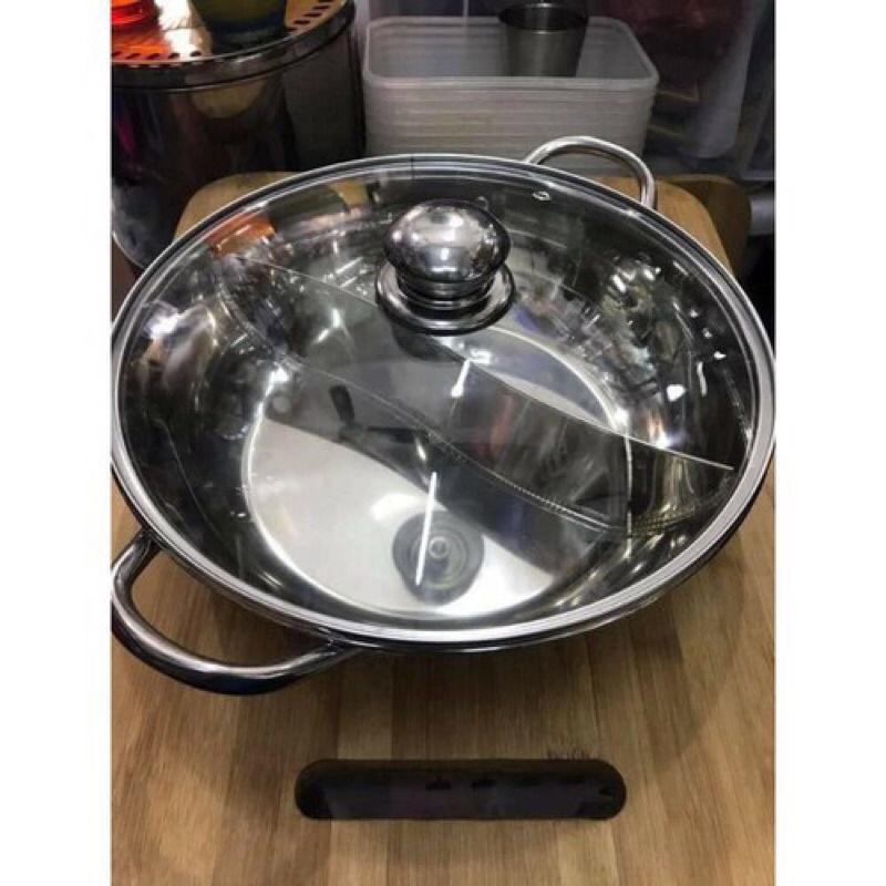 Nồi lẩu inox 2 ngăn aize 32cm có nắp kính cao cấp.