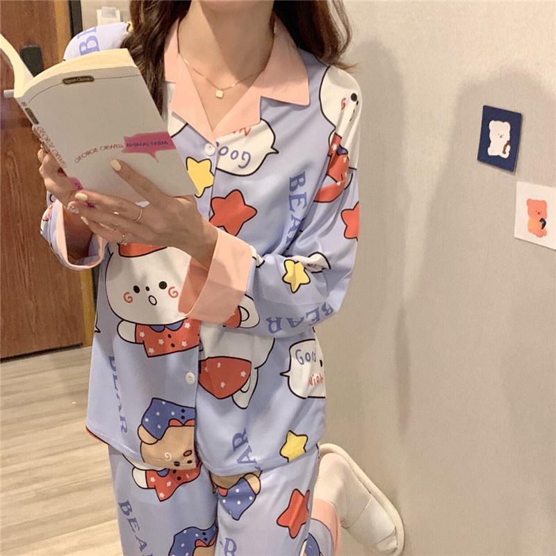 Bộ Pijama Nữ Bộ Ngủ Mặc Nhà Nữ Dài Tay Thu Đông Họa Tiết Bánh Bèo Sợi Tơ Sữa Mềm Mịn