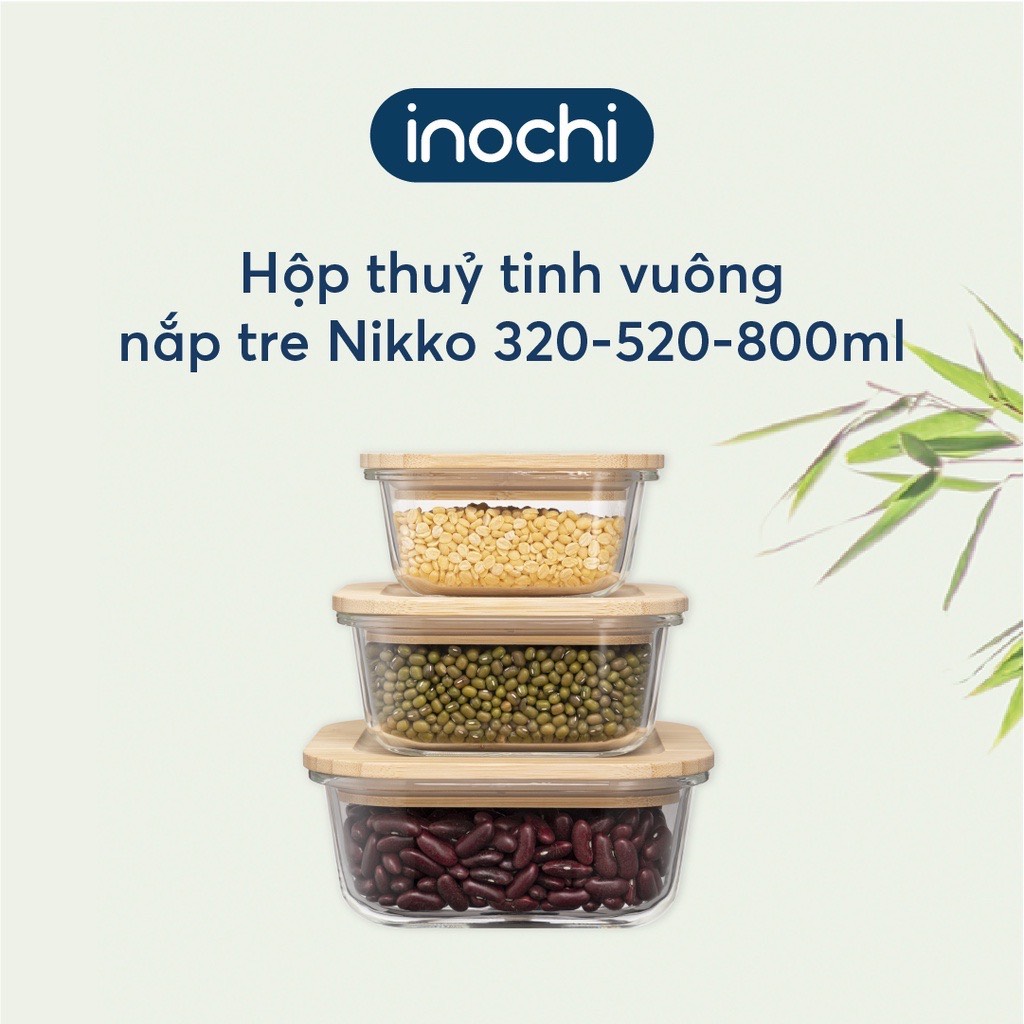 Hộp thuỷ tinh vuông nắp tre Nikko 320ml - 520ml - 800ml