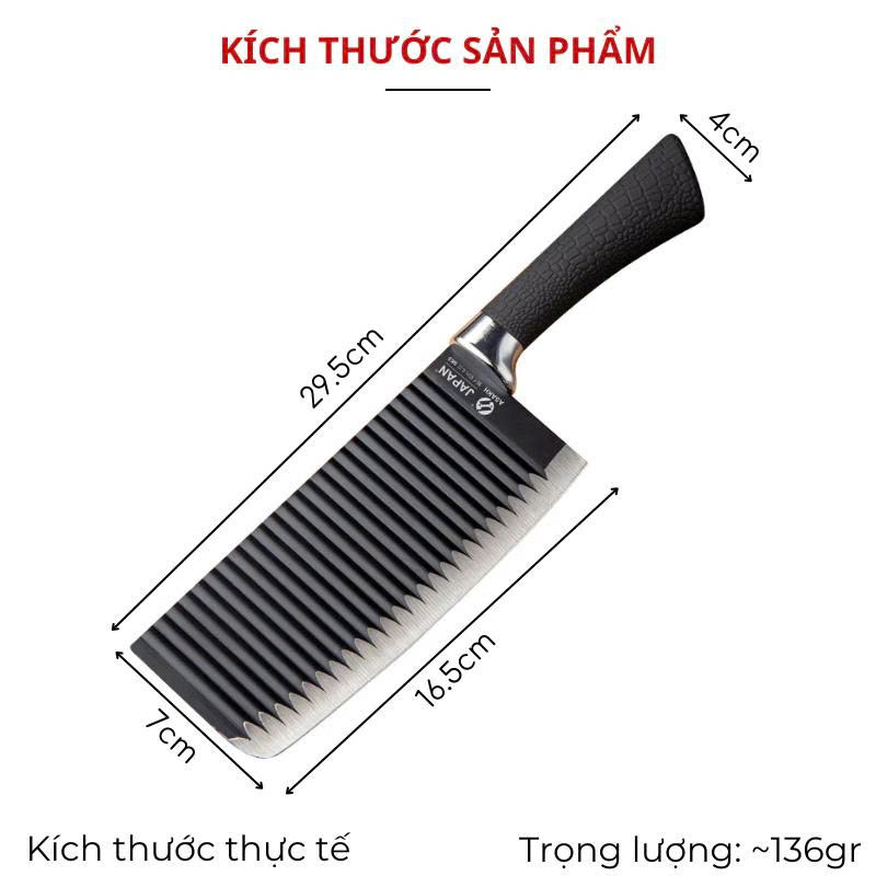 Dao nhà bếp chống rỉ sét màu  đen mũi vuông , lưỡi dao thép chống dính , thiết kế gợn sóng , sắc bén ,cán dao bọc cao su chắc chắn chống trơn trượt thiết kế phù hợp với tay cầm 