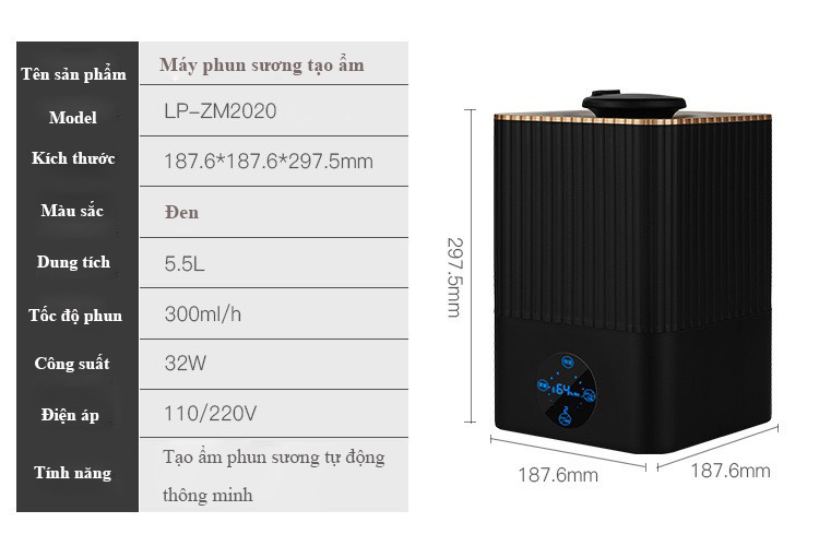 Máy Tạo Ẩm Phun Sương Khuếch Tán Tinh Dầu Dung Tích Lớn 5.5 Lít Dành Cho Văn Phòng, Gia Đình