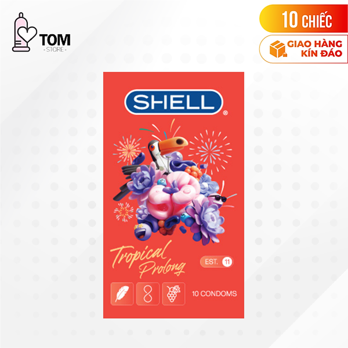 [Hộp 10 cái] Bao cao su Shell Tropical Prolong kéo dài thời gian, hương hoa quả nhiệt đới