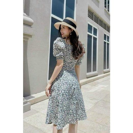 ĐẦM XOÈ LỤA HOA CỔ VUÔNG TAY PHỒNG