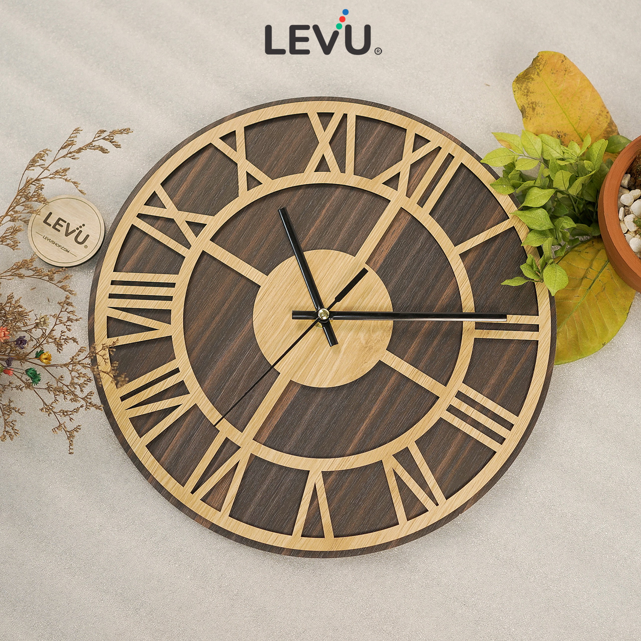 Đồng Hồ Treo Tường cổ điển LEVU DH12 số La Mã mặt Gỗ