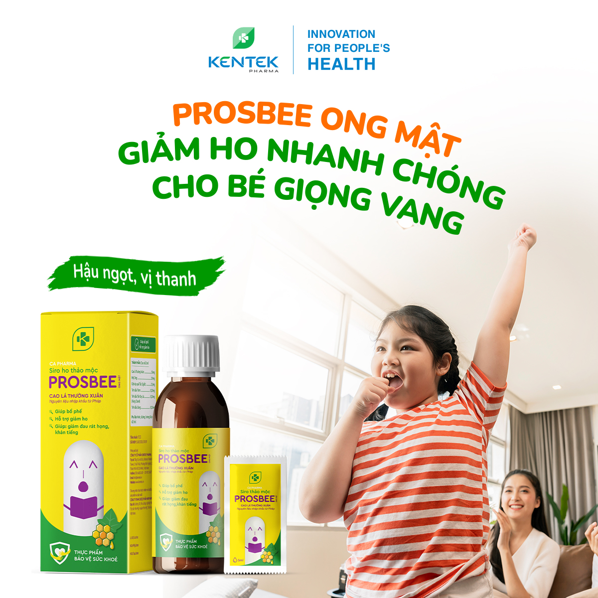 Siro ho thảo dược bổ phế, giảm ho dành cho trẻ em PROSBEE Ong Mật | Kentek Pharma | Chai 100ml