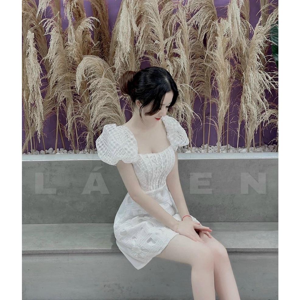 Đầm xoè cổ vuông thêu hoa tay phồng cao cấp