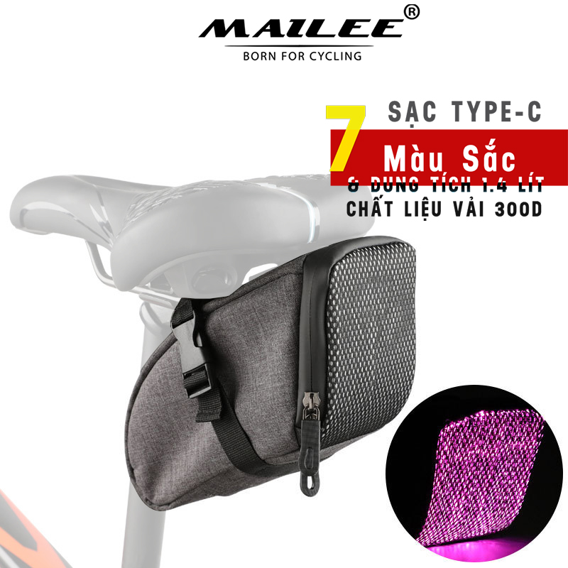 Túi Yên Xe Đạp XD-01 Gắn Yên Sau Tích Hợp Đèn Đuôi Nhấp Nháy Cảnh Báo nhiều màu, chất liệu vải 300D chống thấm nước, sạc Type C, dung tích 1.4 lít (kèm bọc chống mưa đi kèm) - Mai Lee