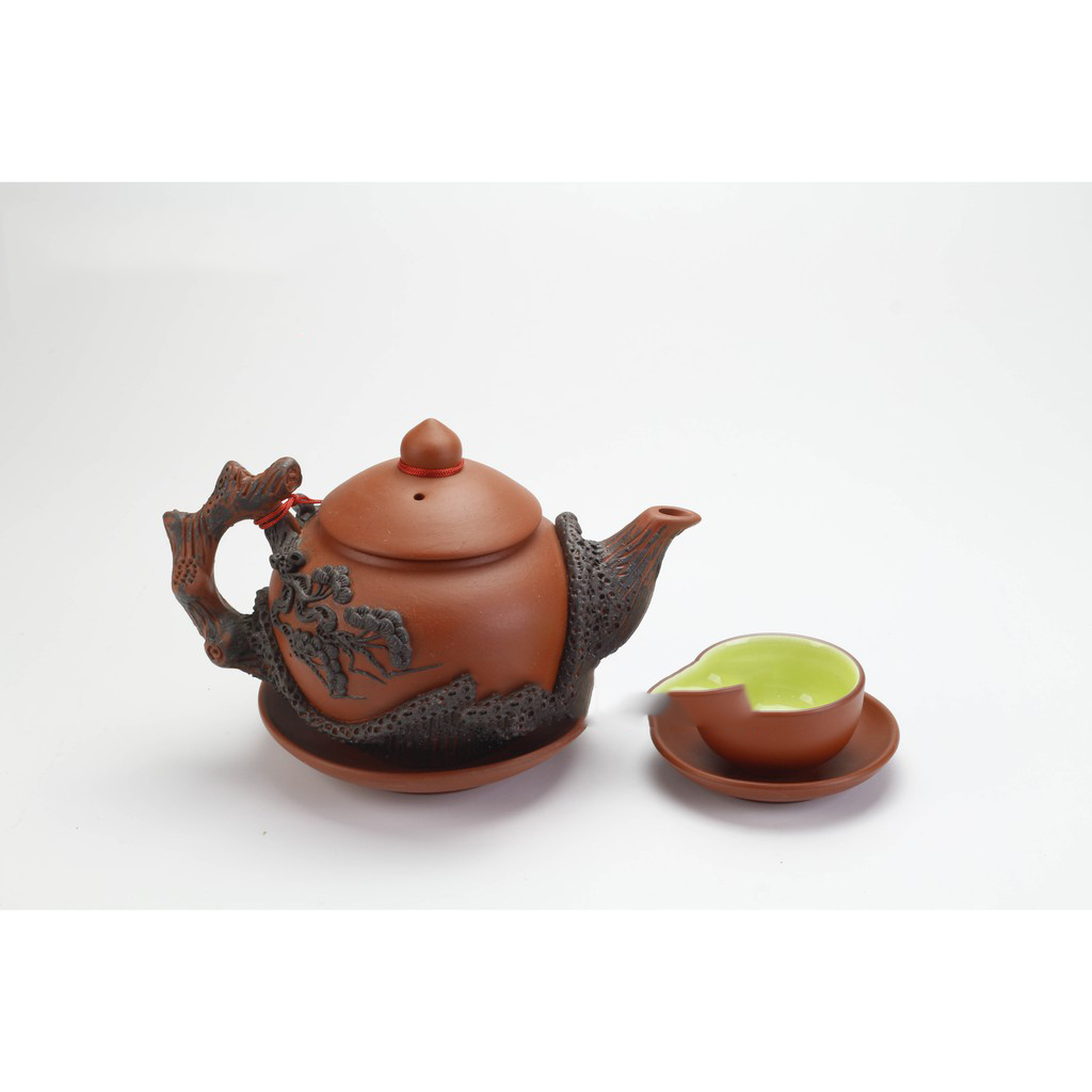 Bộ Ấm Chén Trà Đạo Gốm Tử Sa Bát Tràng Đắp Nổi Hoa Tùng Dáng Thủy Bình Dung Tích 400ml ATSML 04.3
