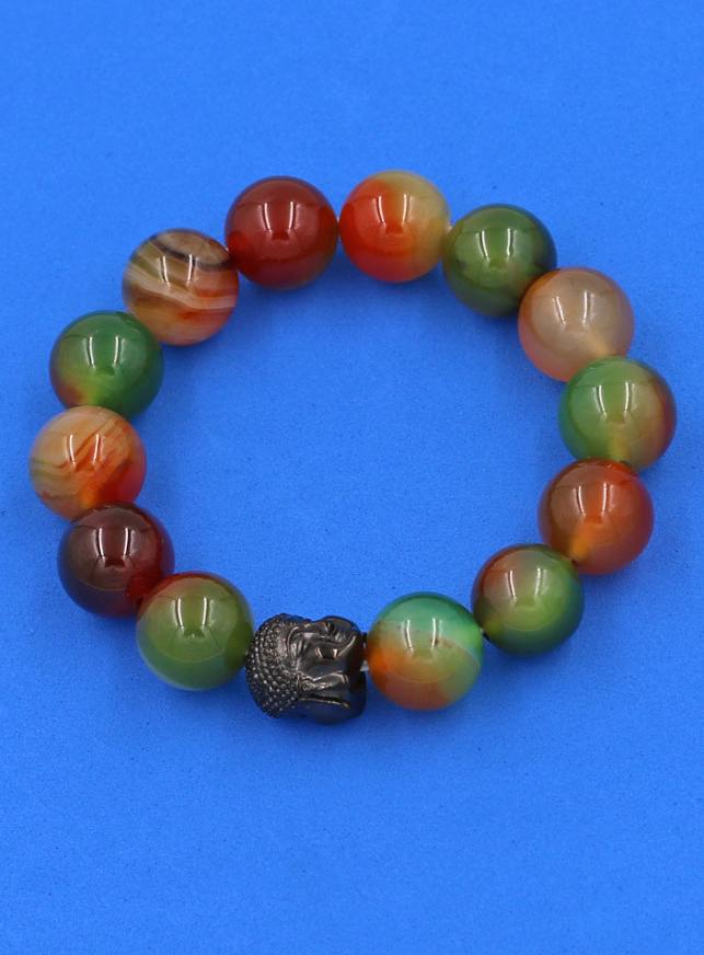 Vòng đeo tay Thạch Anh Xanh Nâu 14 ly cẩn hạt Phật A Di Đà inox đen VTAXNNLE14