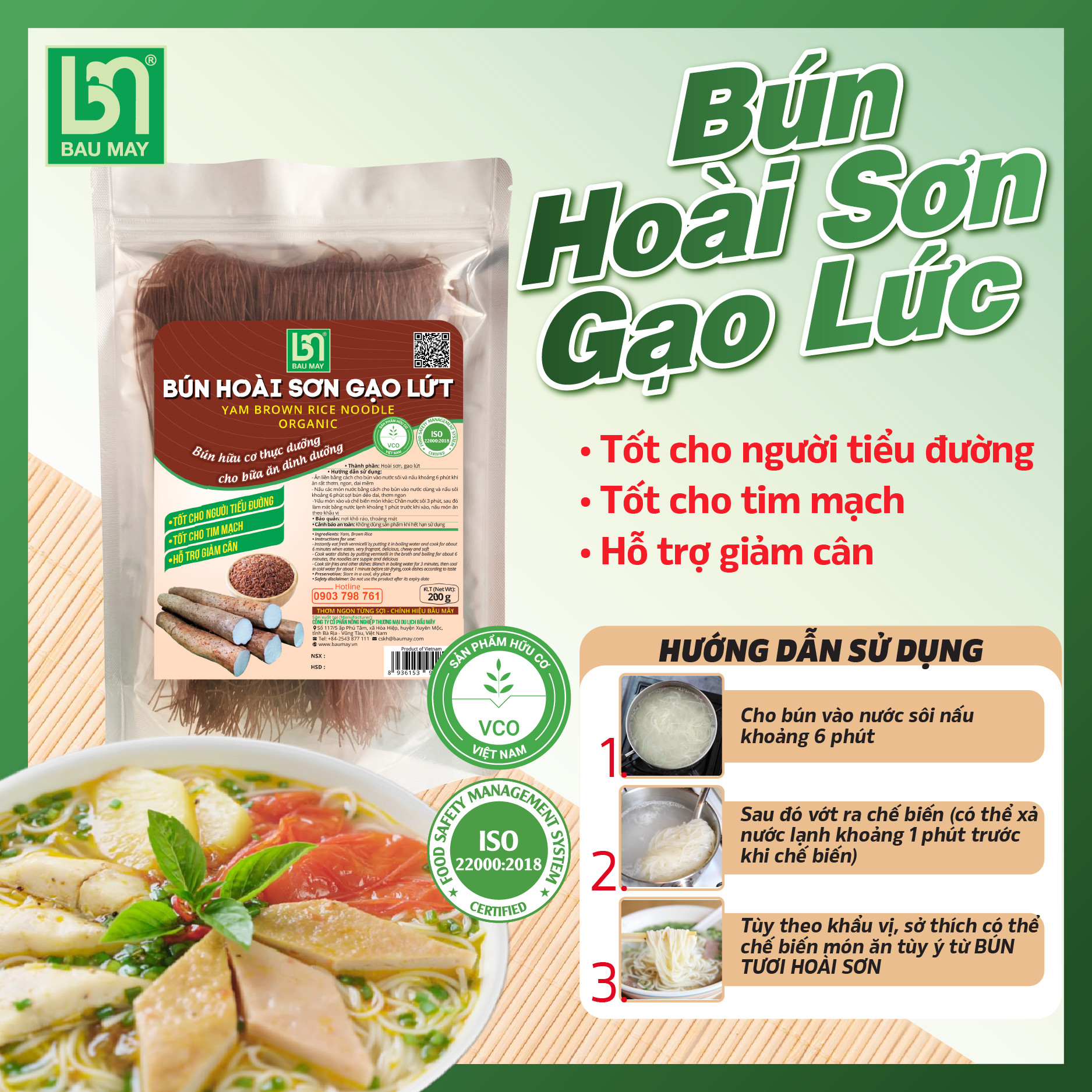 Bún Hoài sơn gạo lứt hữu cơ 200g - Thơm ngon, bổ dưỡng, tốt cho sức khỏe, giảm cân, Giúp No Lâu Giàu Chất Xơ, Vitamin