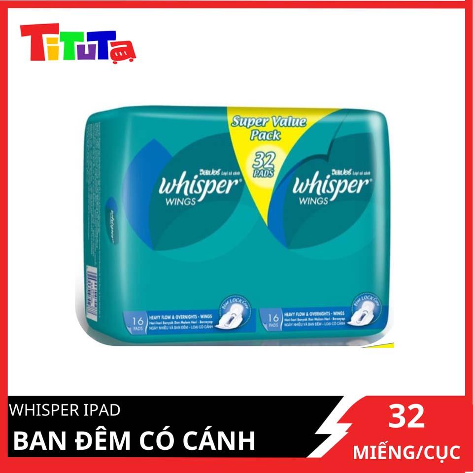 Băng Vệ Sinh Whisper Dòng Cơ Bản Có Cánh Cho Ngày Nhiều Và Đêm (32 Miếng)