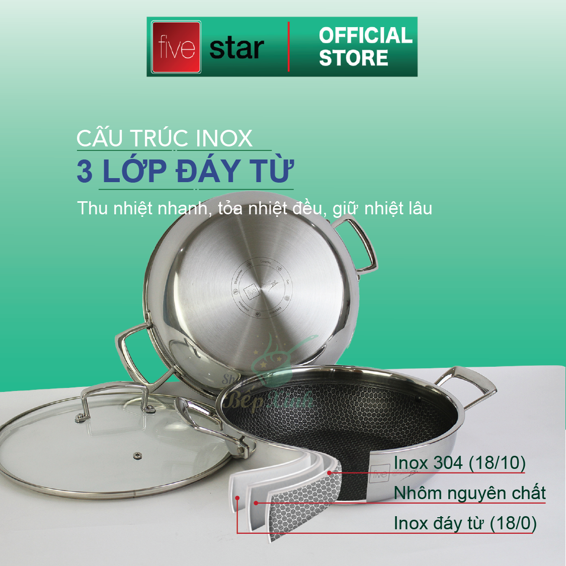 Chảo tổ ong chống dính 2 quai FiveStar 3 lớp đáy liền inox 304 , tặng 1 sạn inox
