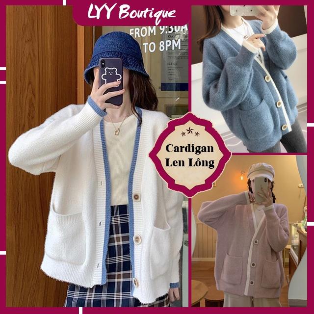 Áo cardigan nữ len lông thỏ dầy mịn trơn phối viền 2 túi trước 3 màu