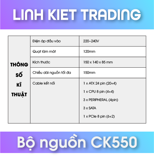 Nguồn Máy Tính AIGO CK550 Công Suất Thực 550W Bảo hành 36 tháng - Hàng Chính Hãng