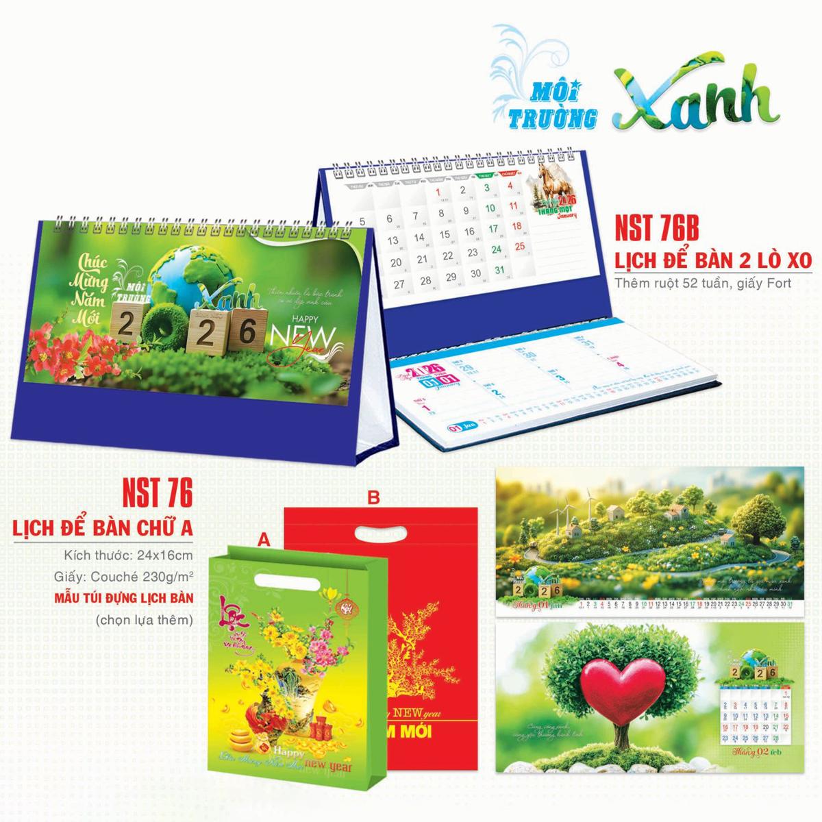Lịch Để Bàn 2 Lò Xo - Môi Trường Xanh - NST 76B