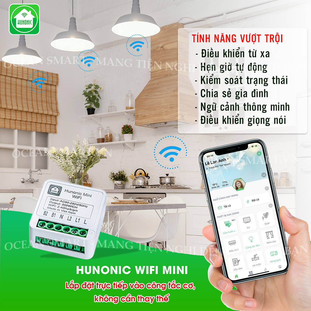 Công Tắc Thông Minh Wifi Hunonic Mini, Công Tắc Điều Khiển Từ Xa Qua Điện Thoại - HNMN02