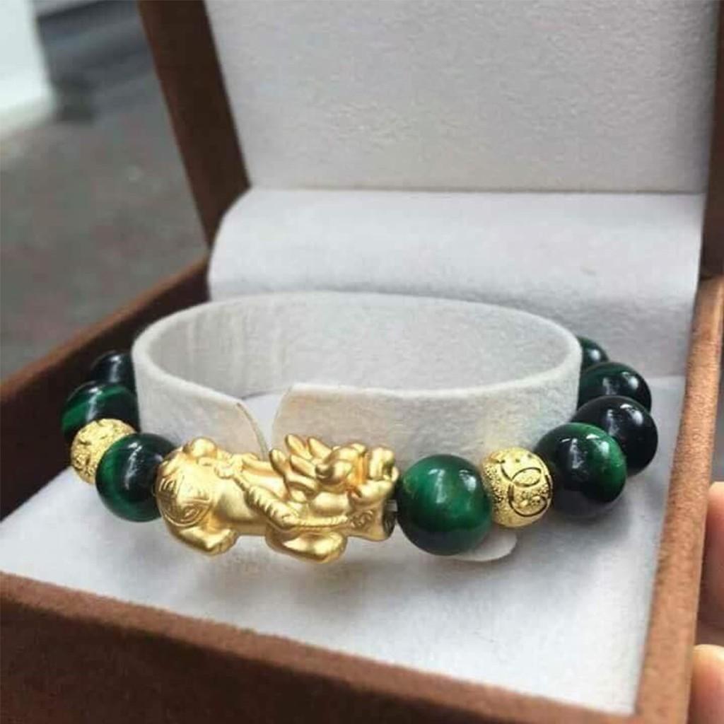Vòng tay đá mắt hổ Xanh Lá 5A mix Tỳ Hưu và 2 hạt kim tiền Vàng