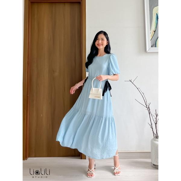 Đầm dài tay bí rút eo -Thiết kế từ - chất xô sọc mát, mềm