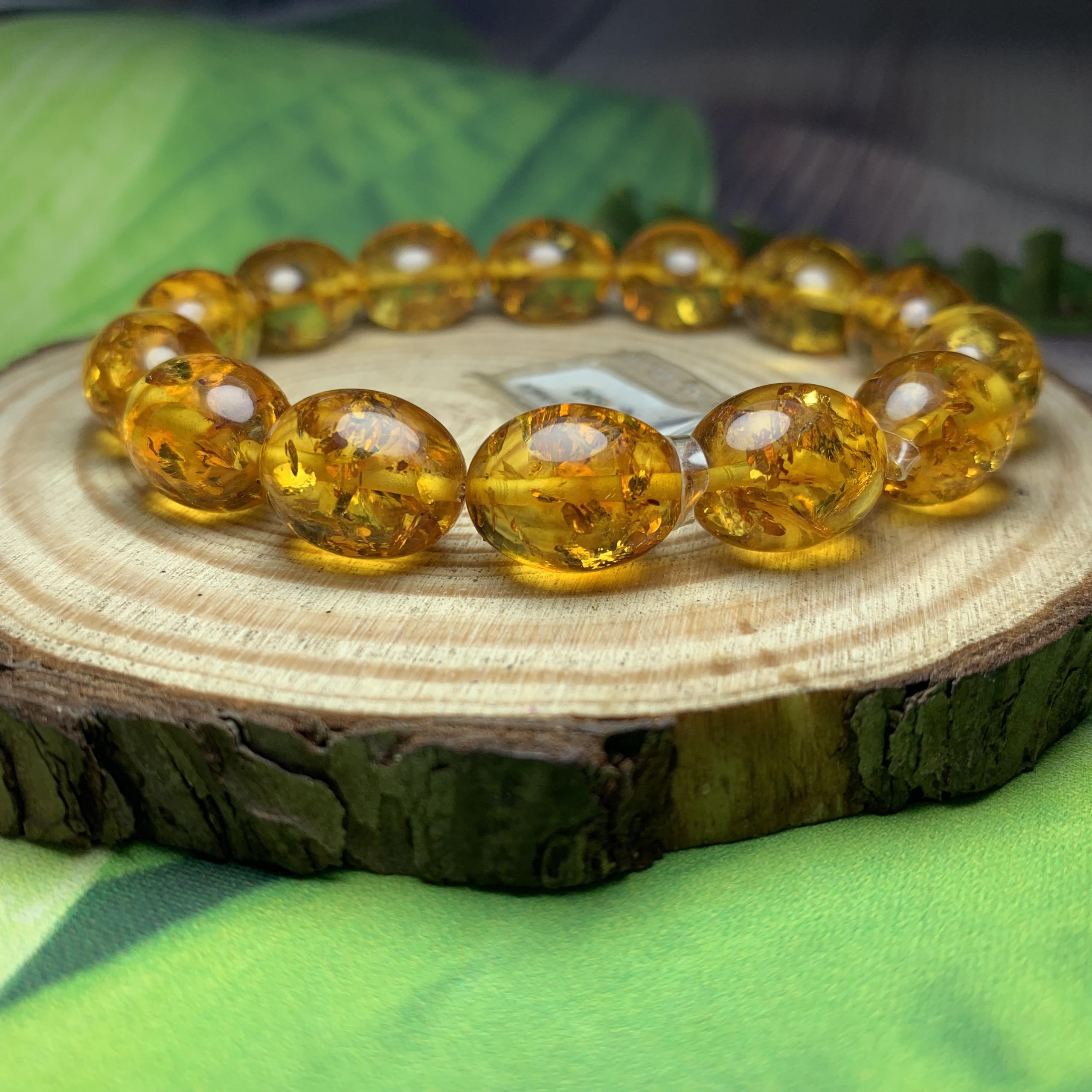 Vòng đeo tay hổ phách Vàng Olive 11mm cao cấp Hadosa đã kiểm định