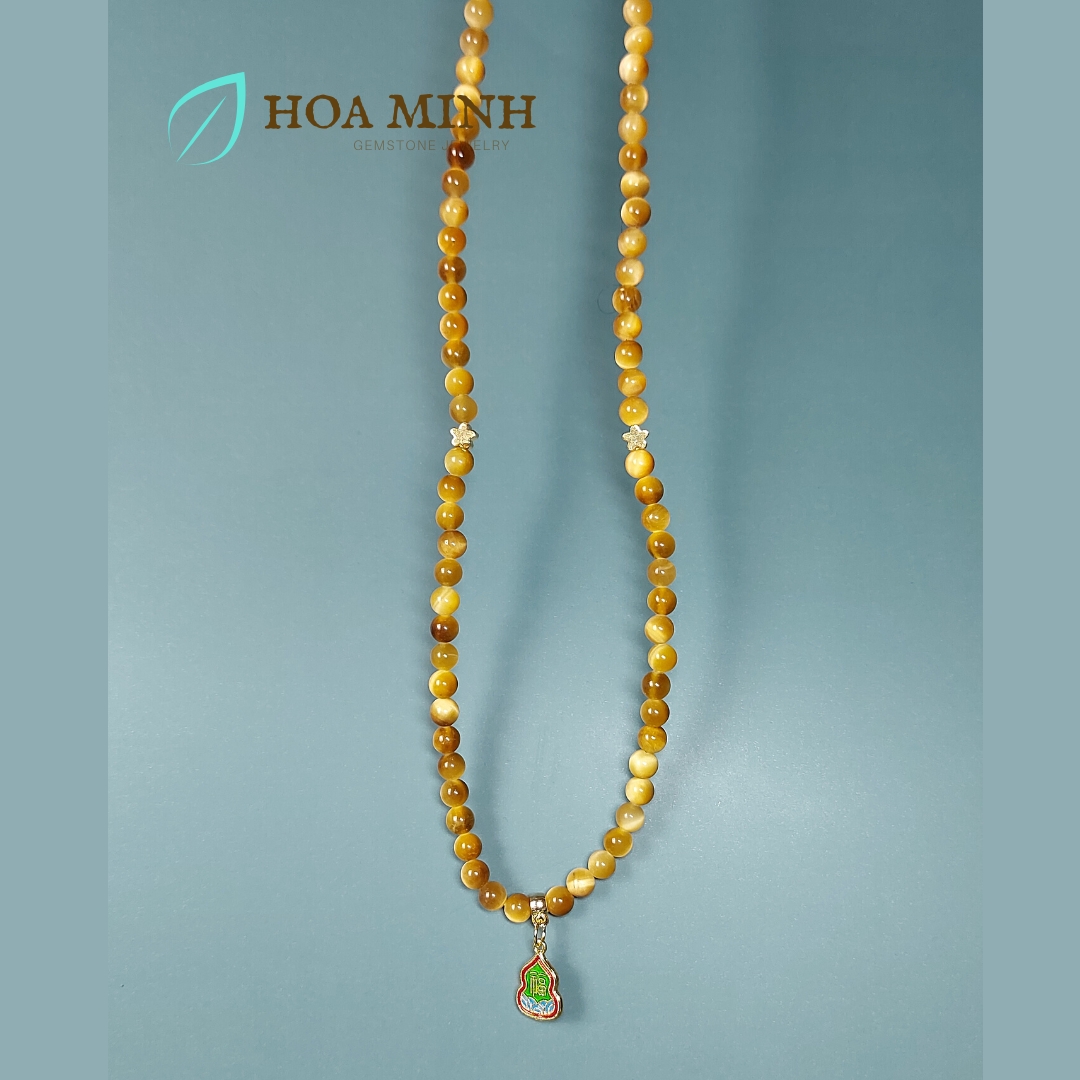Vòng tay chuỗi Mắt Hổ Vàng Tâm 108 hạt size 6 li An Lạc, phối charm ngôi sao, hoa mai và hồ lô chữ Phúc | Hoa Minh Gem
