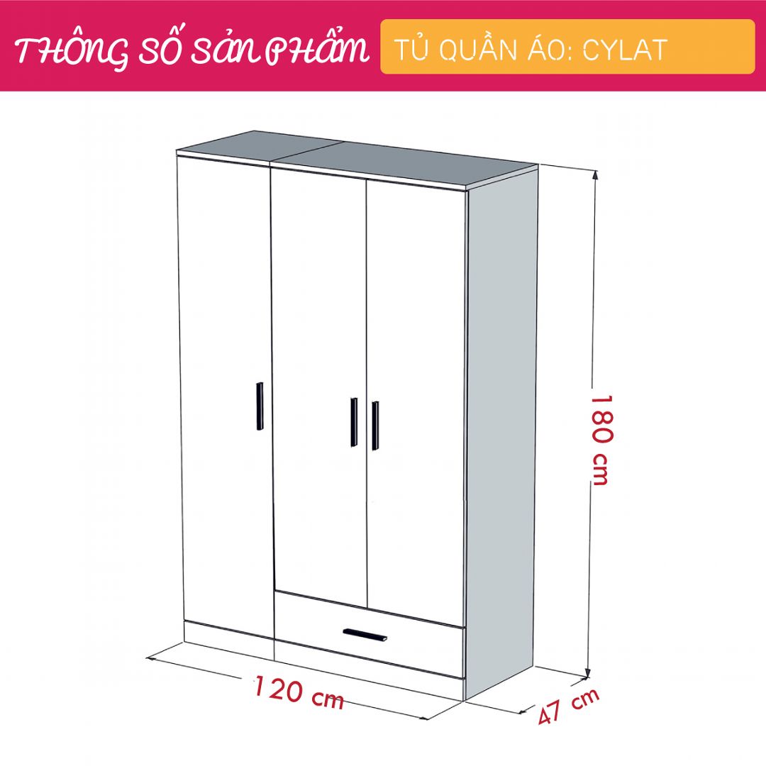 Tủ quần áo gỗ hiện đại SMLIFE Cylat | Gỗ MDF dày 17mm chống ẩm | D120xR47xC180cm