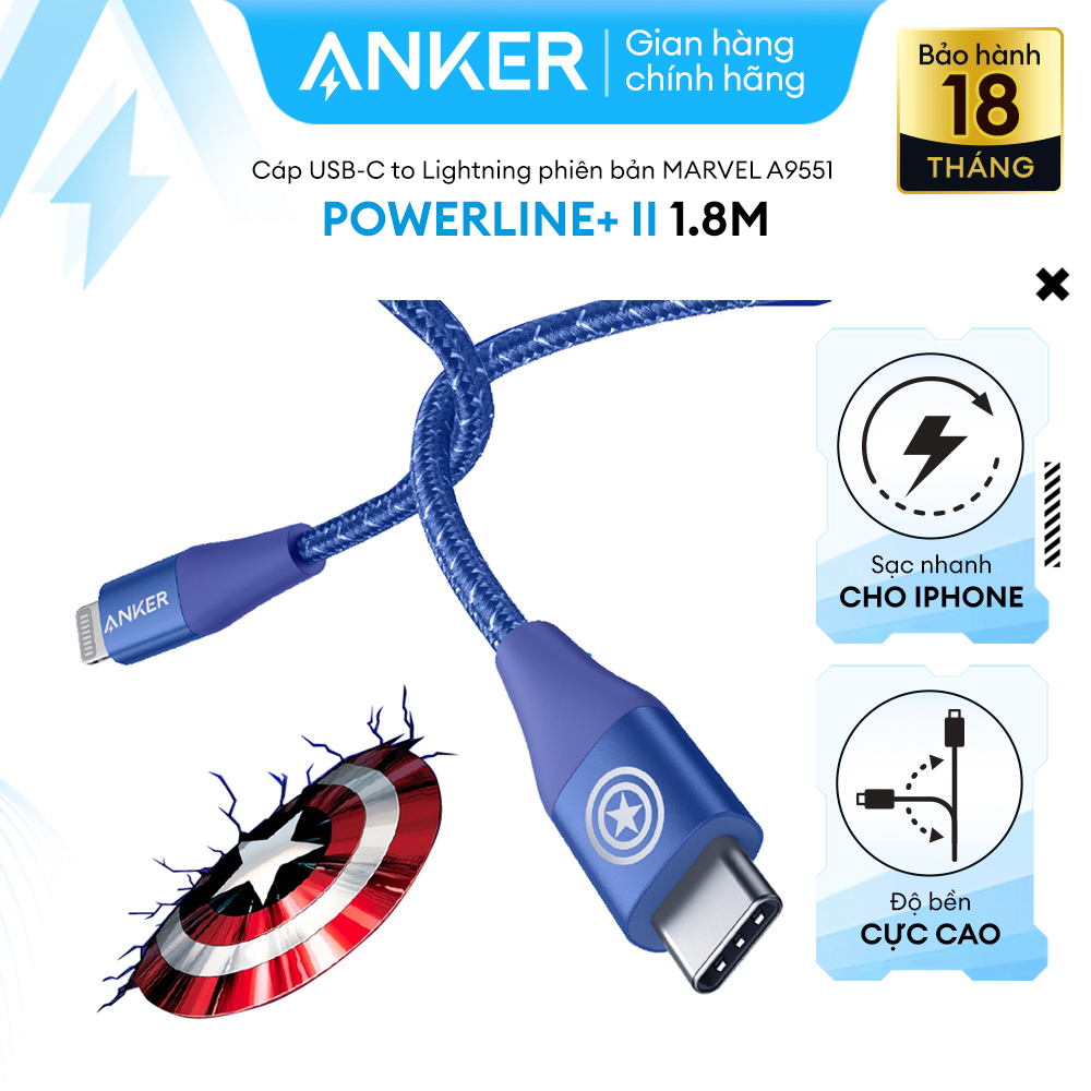 Cáp sạc ANKER PowerLine+ III USB-C TO li.ght.ni.ng dài 1.8M- A9551 phiên bản Marvel - Hỗ trợ sạc nhanh cho iPhone thông qua củ sạc PD hoặc PiQ 3.0