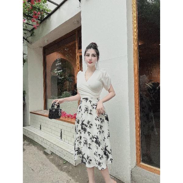 ĐẦM XÒE CỔ ĐẮP CHÉO PHỐI CHÂN VÁY HOA