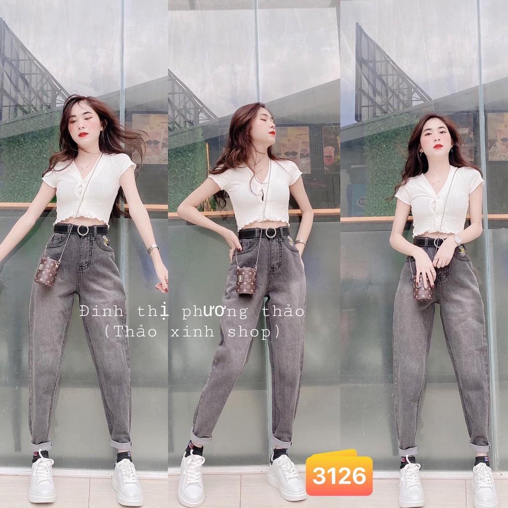 Quần jean nữ dáng baggy có thêu hoa cúc hottrend trên túi - Quần jean baggy cạp cao - CM Shop