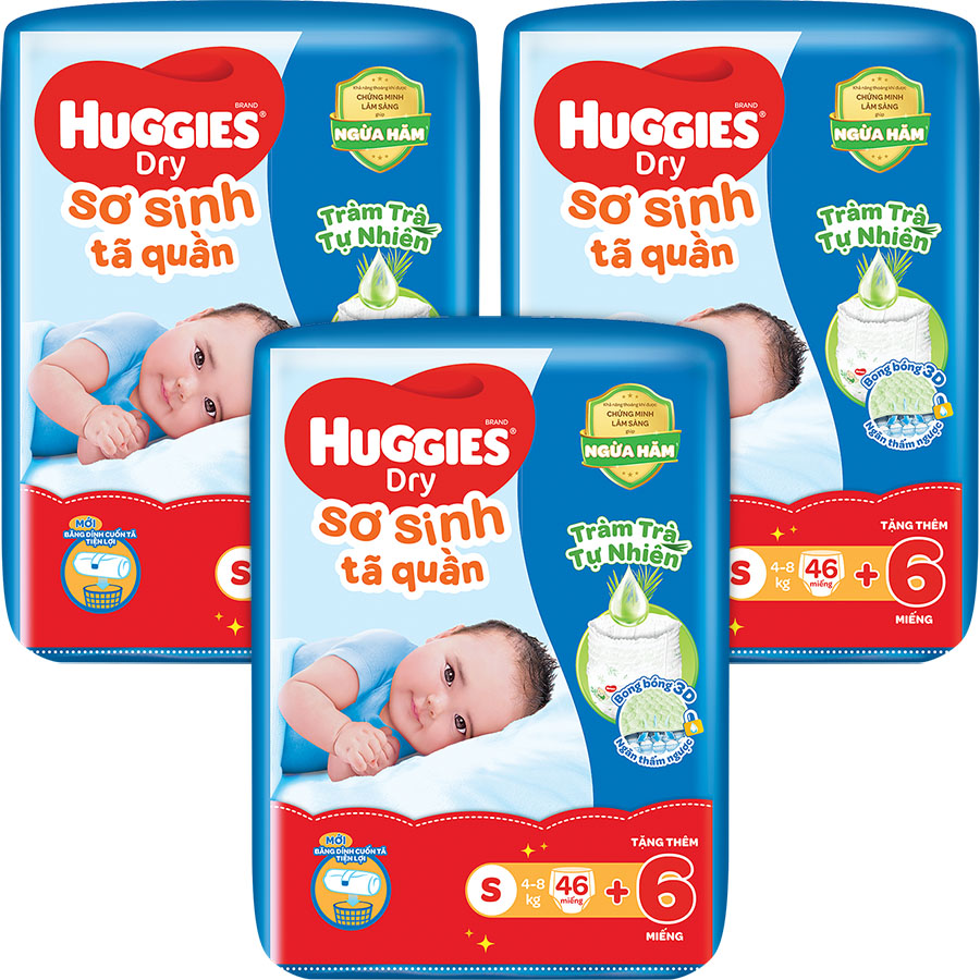 Combo 3 gói Tã quần Huggies Dry cỡ S mới (4kg-8kg) - Gói 46 miếng Tràm Trà + Tặng 6 miếng