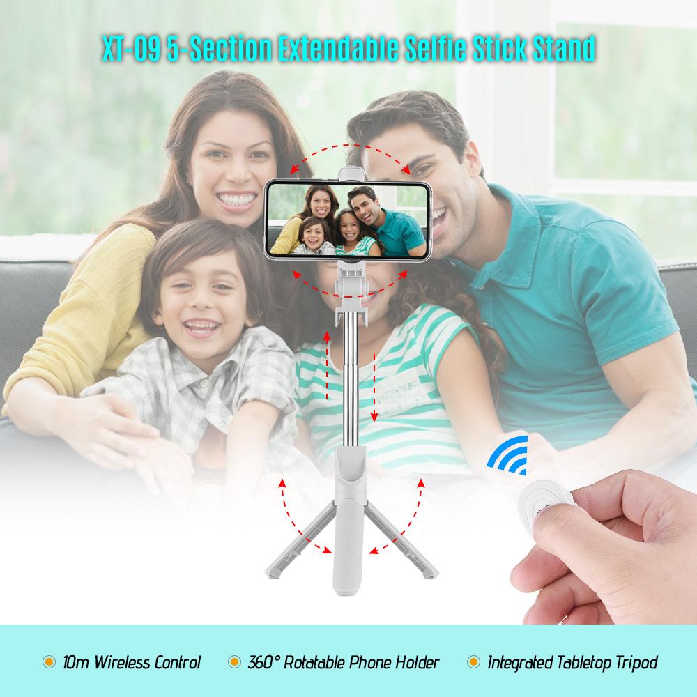 5-Section Extendable Selfie Stick Integrated Universal Phone Holder Tabletop Tripod with BT Remote Controller 10m