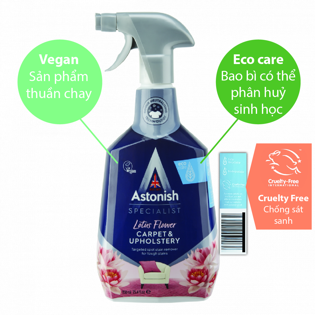 Bình xịt tẩy nỉ thảm Astonish C6720 750ml thương hiệu Anh tẩy vết bẩn cực mạnh trên bề mặt vải nỉ như ghế sofa, áo gối, thảm và các sản phẩm từ thảm như nội thất ô tô từ vải nỉ