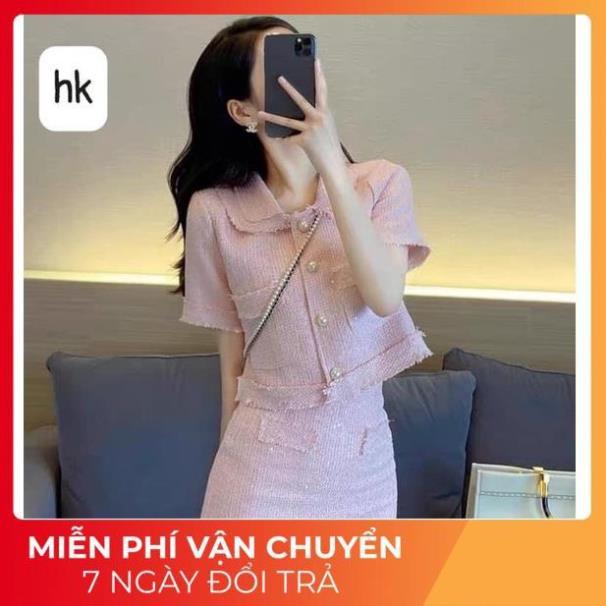 Set váy áo dạ nhũ hông chân váy ngắn