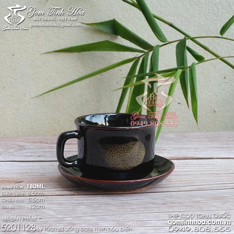 Ly tách sứ uống cà phê capuchino 180ml gốm sứ Bát Tràng cao cấp men hỏa biến màu đen - Ly cafe & đĩa sứ