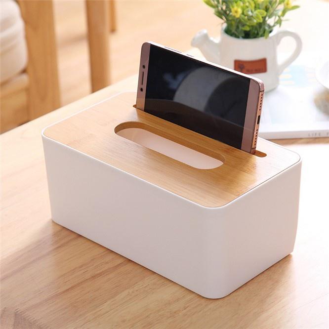 Hộp đựng khăn giấy nắp gỗ decor để bàn siêu sang trọng nhựa PP + gỗ sồi, chất lượng cao, bền và chống thấm nước.