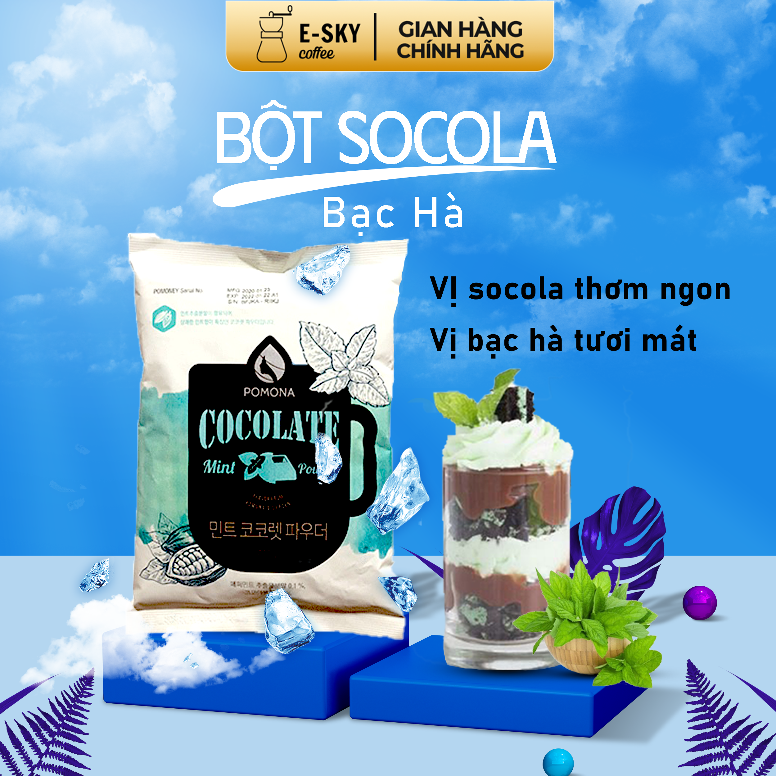 Bột Socola Bạc Hà Pomona Mint Chocolate Powder Nguyên Liệu Pha Chế Cà Phê, Latte, Mocha, Đá Xay, Sữa Lắc Hàn Quốc Gói 800g