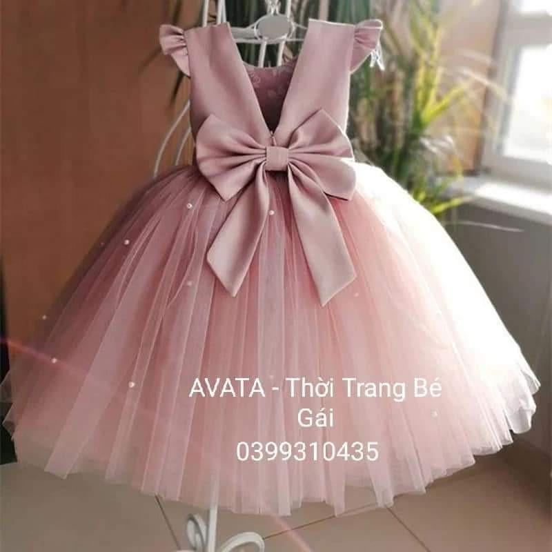 Váy đầm công chúa cho bé - FRERSHIP- váy đầm công chúa hồng ruốc tim nơ sau