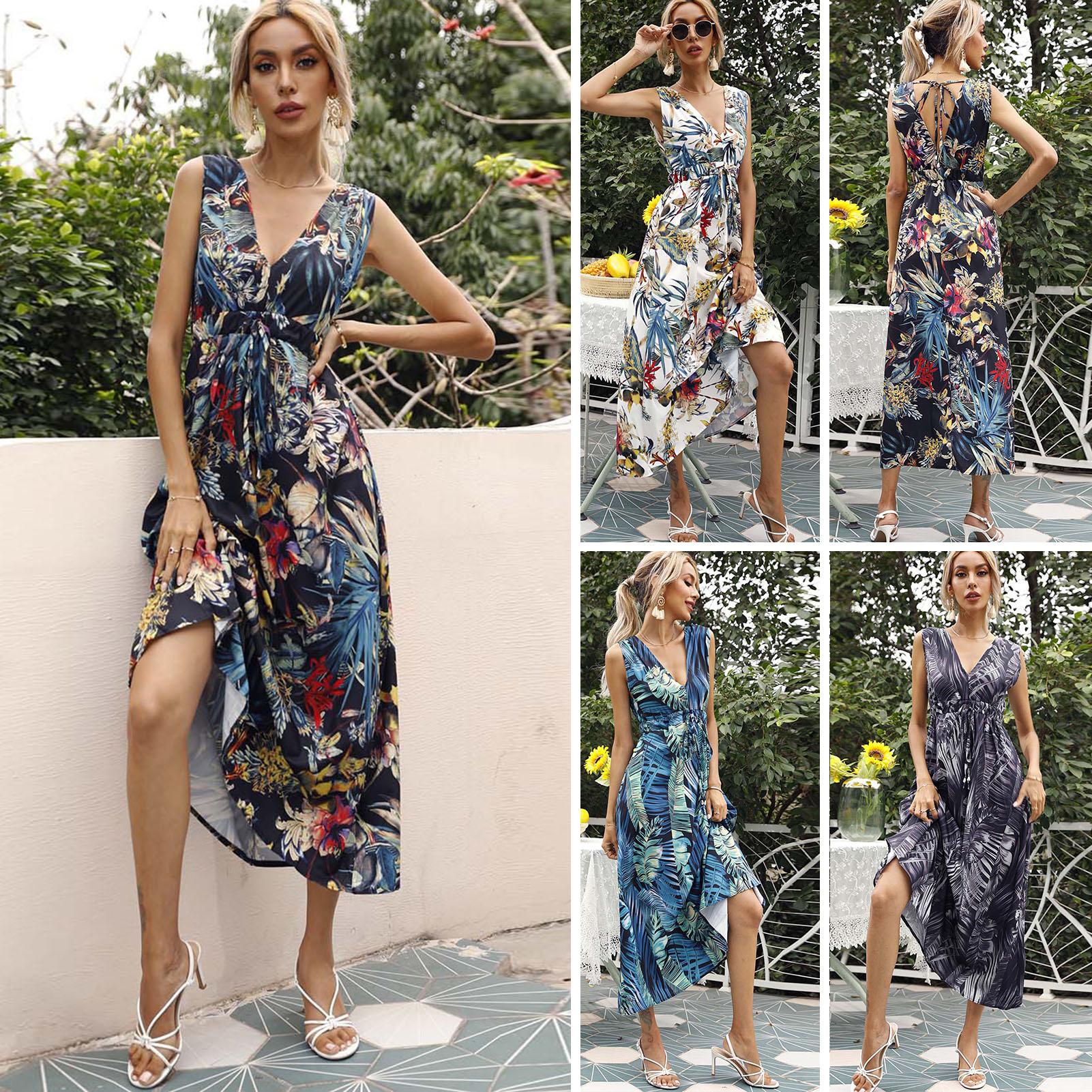 Women Dress Backless Floral Print Tie Waist Empire Dress V Neck Sleeveless Summer Long Maxi Dress