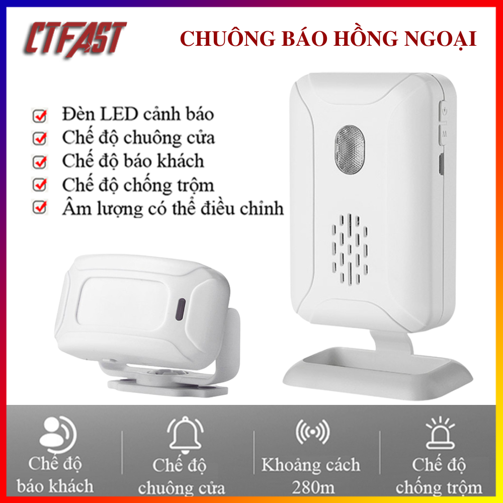 Chuông Báo Khách Cửa Hàng, Báo Động Chống Trộm Cảm Biến Chuyển Động Hồng Ngoại Không Dây CTFAST 03 - Lời Chào Báo Khách Ghé Thăm, Dọa Trộm Xâm Nhập