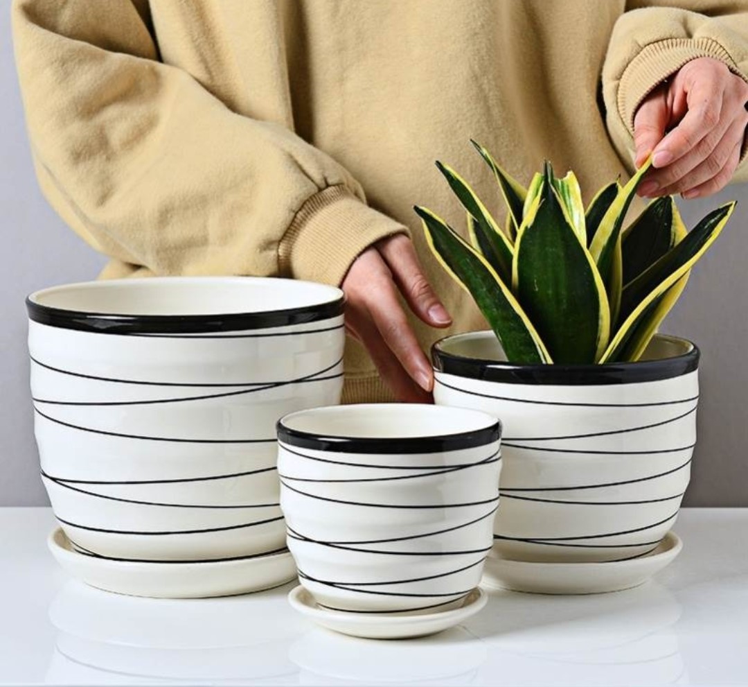 Chậu gốm sứ trồng cây tráng men bóng - kèm dĩa đựng nước