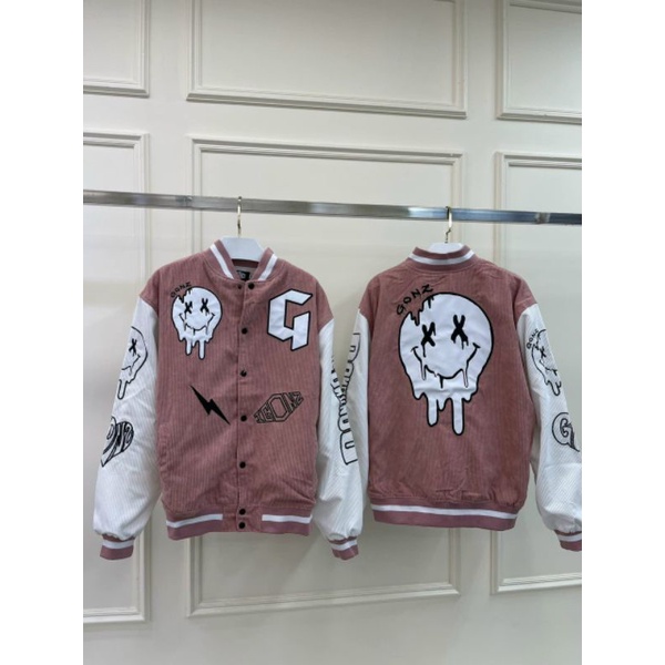 Áo Khoác Bomber Nhung Gân Unisex Mặt Cười Chữ G Nam nữ Thu Đông- Nhung 2000 Kiểu Rộng Ulzzang Couple Jackets Rẻ Đẹp