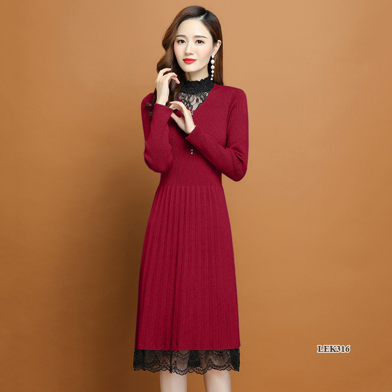 Váy len nữ phối ren thanh lịch sang trọng