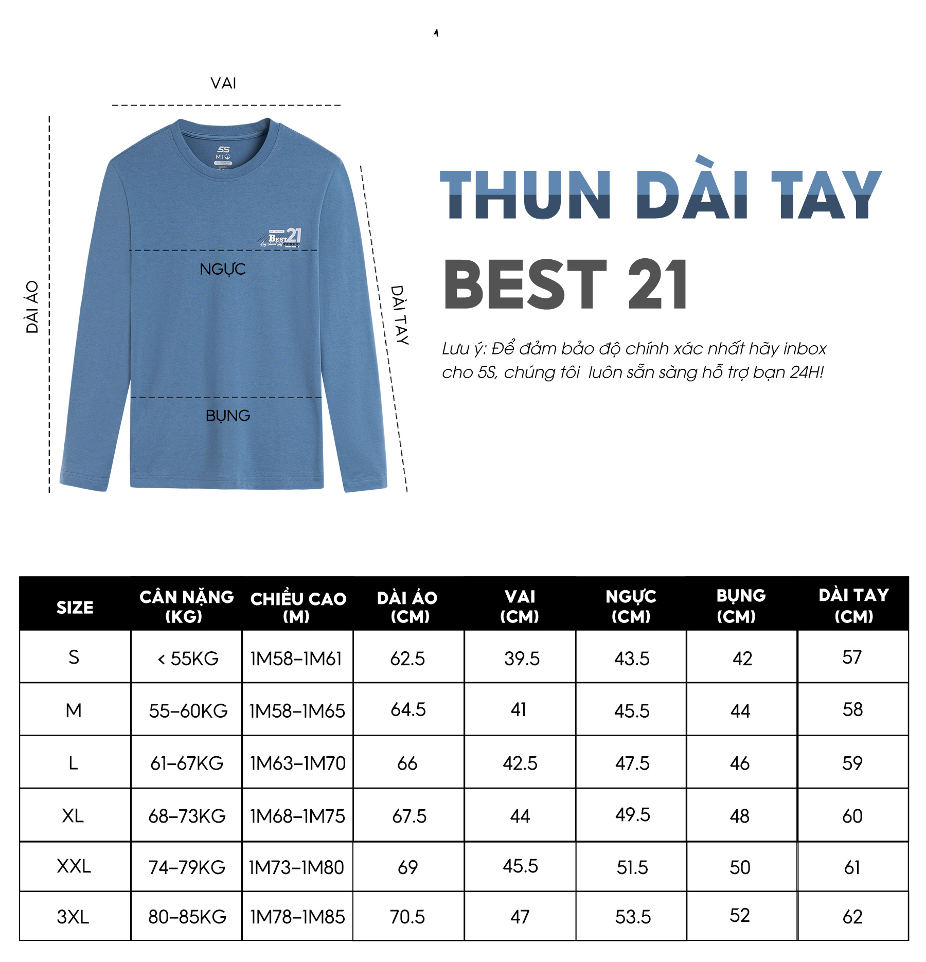 Áo Thun Nam Tay Dài 5S BEST Cổ Tròn, Chất Liệu Cotton USA, Bền Màu, Co Giãn, Phom Ôm Vừa Giữ Ấm