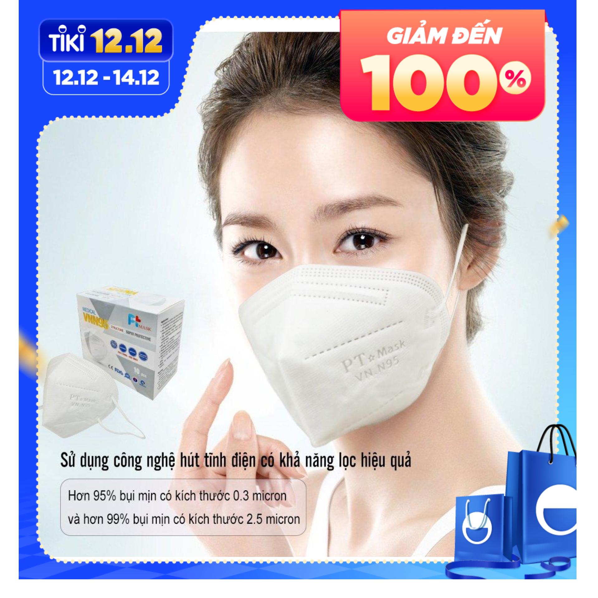 Hộp 10 Cái Khẩu Trang VNN95 PT Mask, 5 Lớp, kháng Khuẩn, Chống Bụi Siêu Mịn PM2.5, Màu Trắng - Đạt Các Chứng Chỉ ISO 13485, ISO 9001, CE, FDA, TGA.