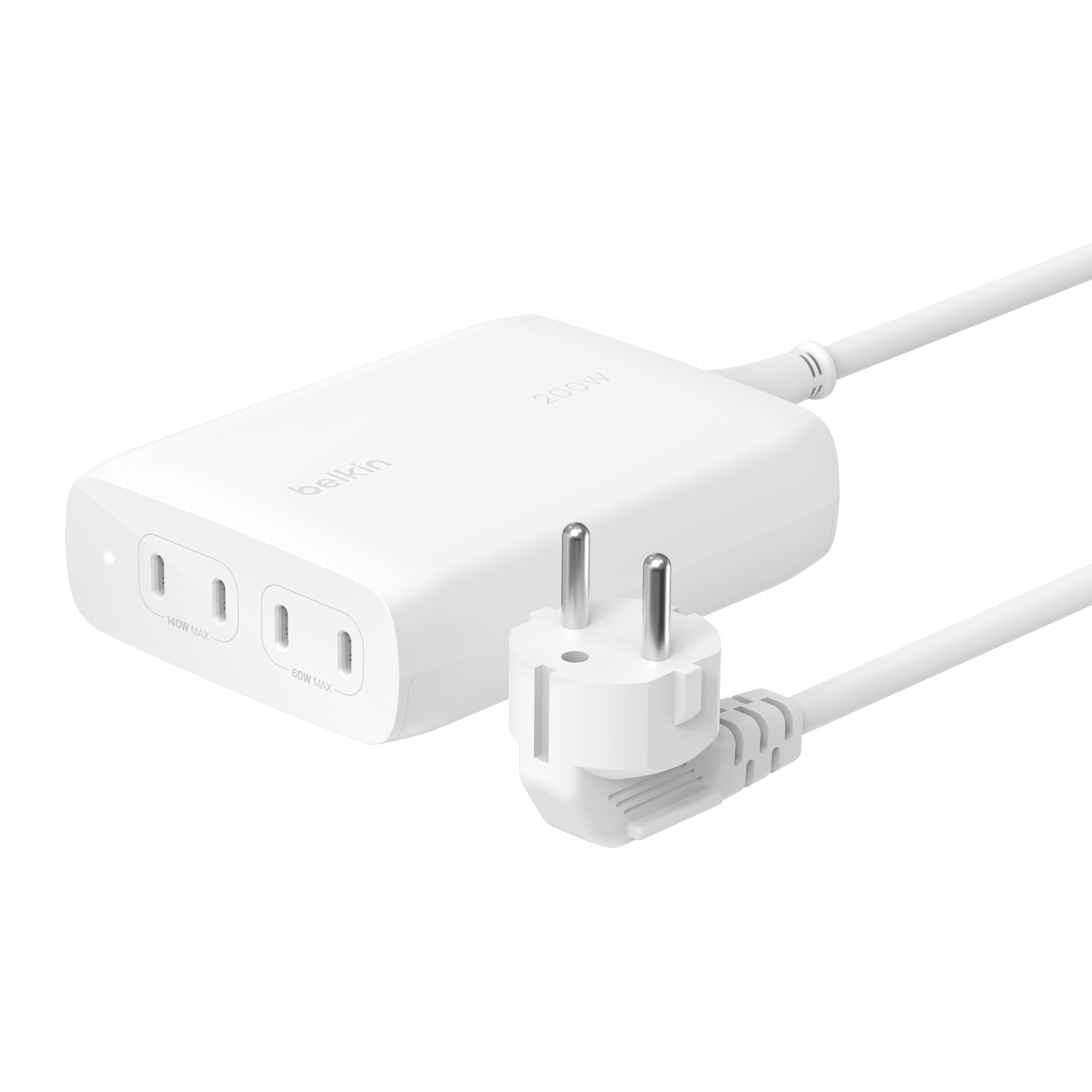 Adapter sạc nhanh 200WBelkin 4 cổng USB-C PD 3.0 GaN màu trắng - Hàng chính hãng