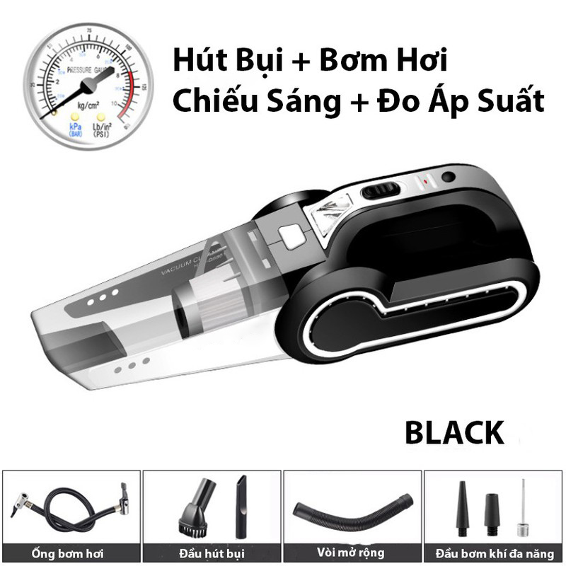 Máy Hút Bụi Ô Tô 4 trong 1 Đa Năng - Hút Bụi , Bơm Lốp Xe , Đo Áp Suất Lốp, Chiếu Sáng