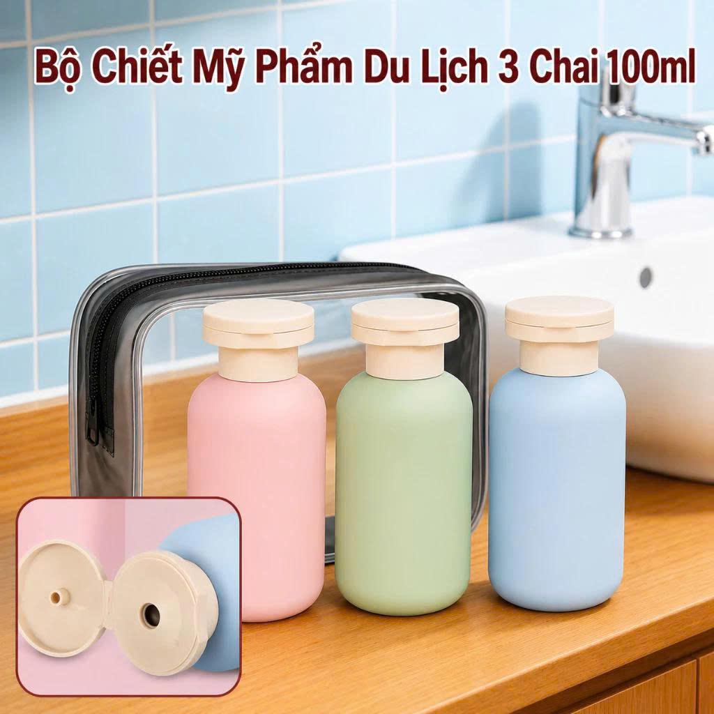 Bộ Chiết Mỹ Phẩm Du Lịch 3 Chai 100ml Kèm Túi PVC | Gọn Gàng Cho Cả Gia Đình
