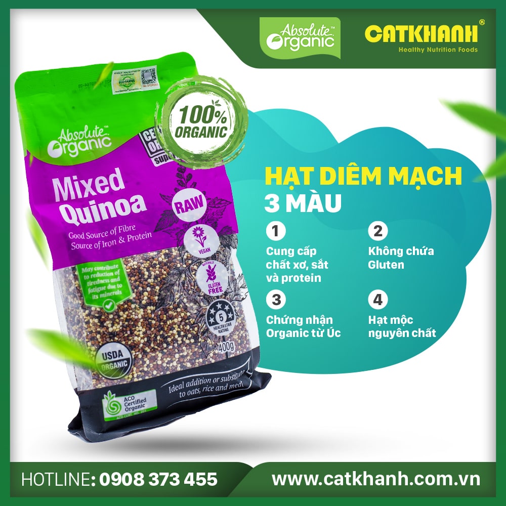 Hạt diêm mạch hữu cơ Absolute Organic Quinoa Mixed 3 loại diêm mạch (400 Grams) - Nhập khẩu Australia