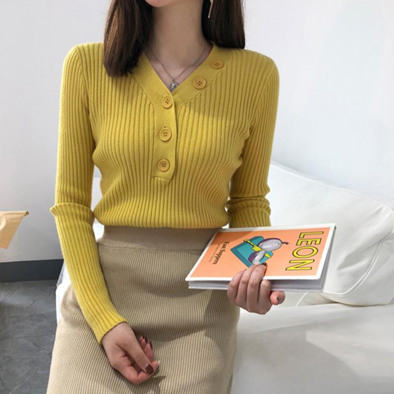 Áo sweater thời trang nữ tay dài cổ chữ V màu trơn