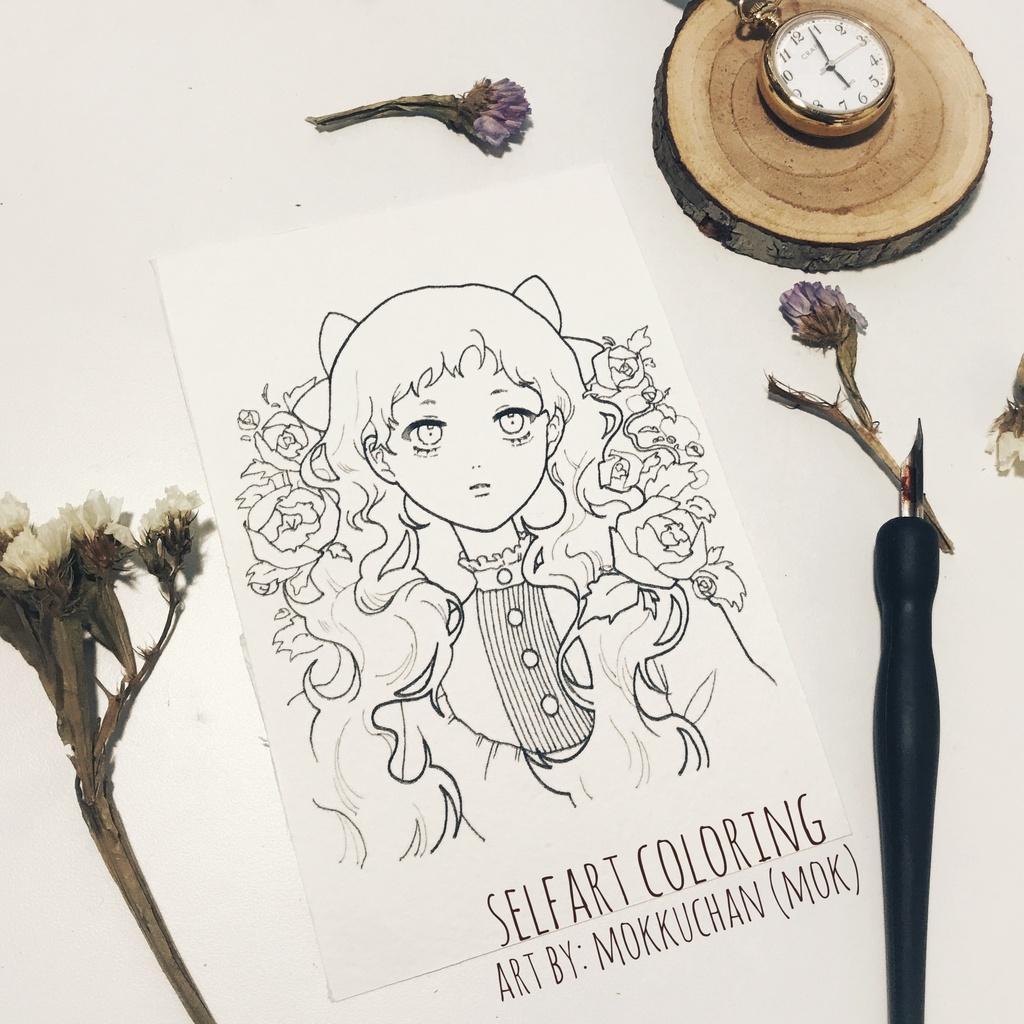 Tranh tô màu "Girl with flower" - MOK - 3 tranh - Self Art coldpress 300gsm